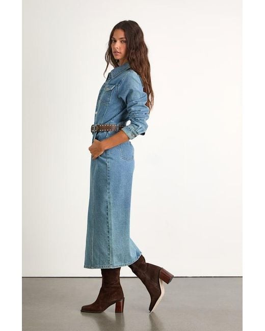 Lulus Blue Alarie Medium Wash Denim Long Sleeve Midi Dress