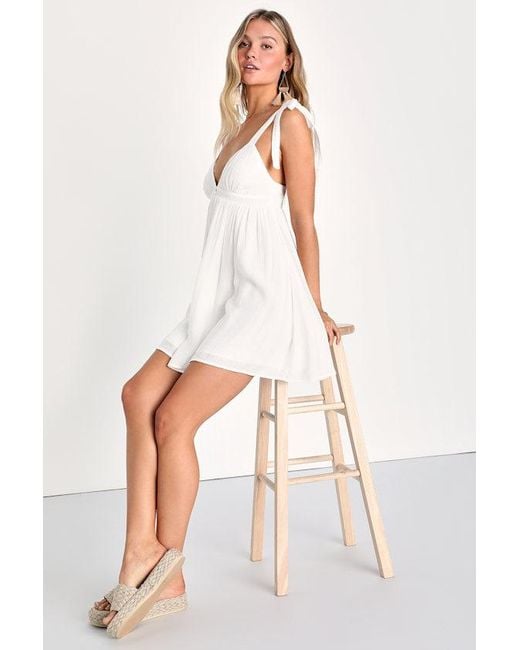Lulus Delightfully Dainty Linen Tie-Strap Babydoll Mini Dress in White |  Lyst