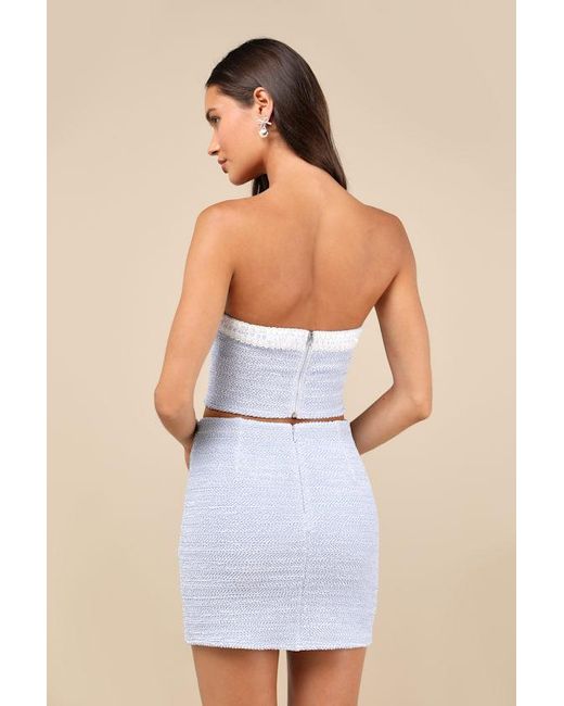 Lulus Blue Trendsetting Flirt Crinkled Strapless Bustier Bow Top
