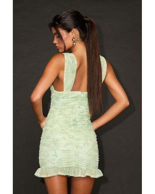 Lulus Green Kattie Light Floral Mesh Ruched Mini Dress