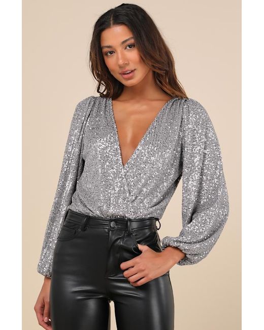 Lulus Gray Evening Of Wonder Sequin Long Sleeve Bodysuit