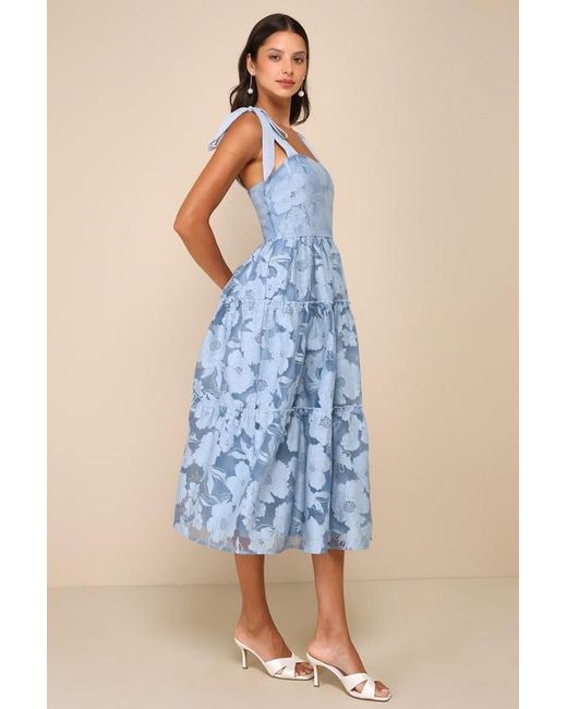 Lulus Blue Proof Of Perfection Floral Tiered Tie-Strap Midi Dress
