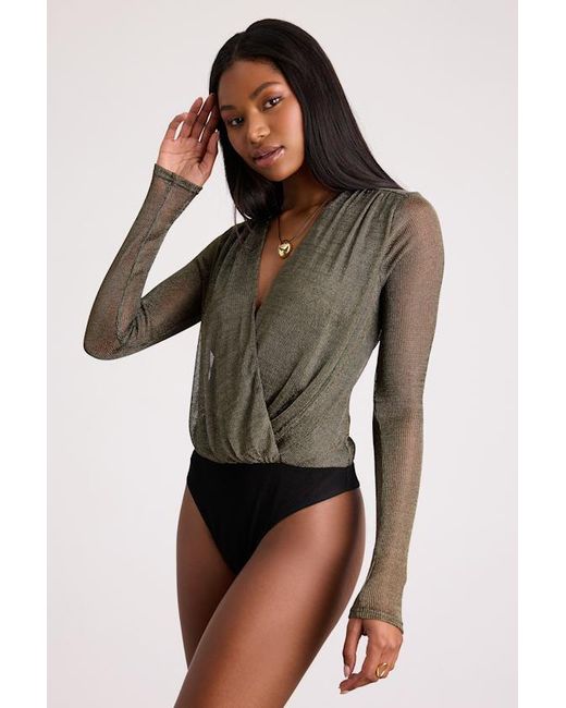 Lulus Gray Kenni Dark Bronze Lurex Sheer Surplice Bodysuit
