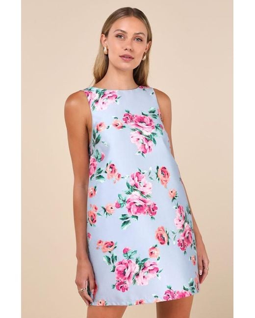 Lulus Blue Exceedingly Darling Floral Plunge Back Bow Shift Mini Dress