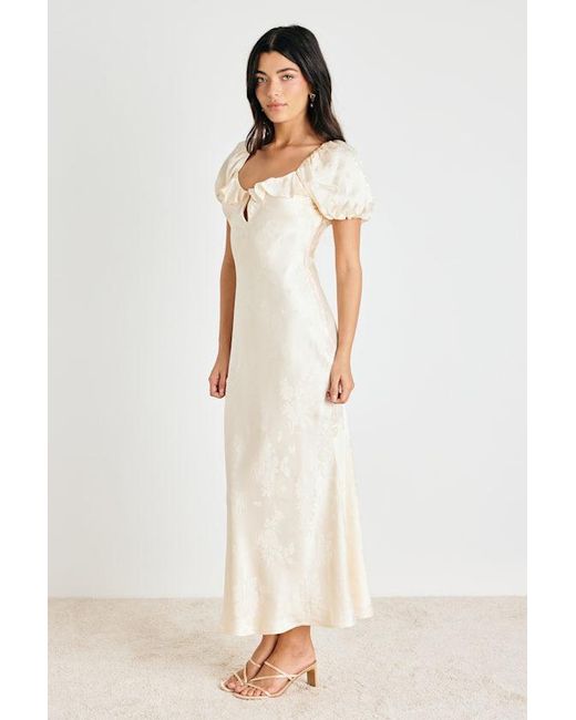 Lulus Natural Farina Cream Floral Jacquard Puff Sleeve Maxi Dress