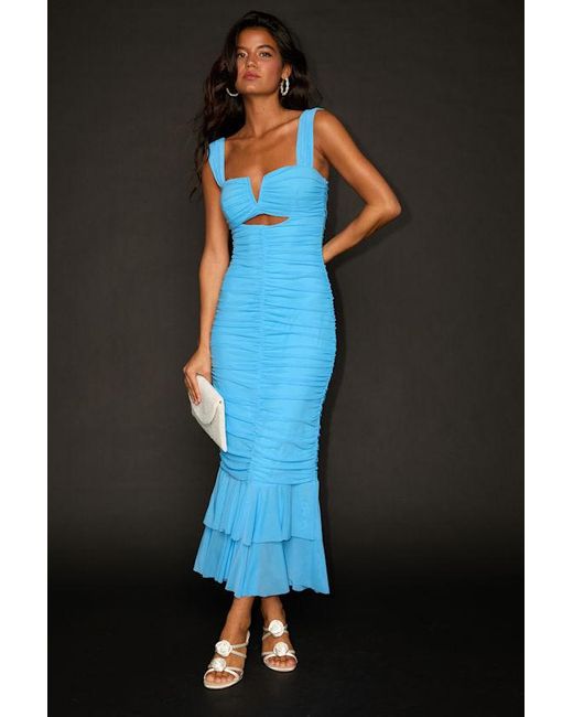 Lulus Blue Aelara Mesh Ruched Trumpet Midi Dress