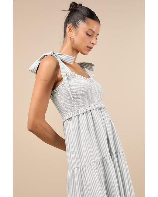 Lulus Natural Bembe Sage Striped Tie-Strap Tiered Maxi Dress