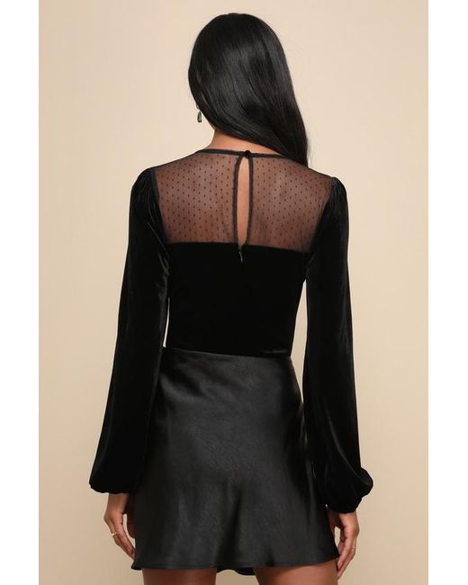 Lulus Black Sweetest Flirt Velvet Mesh Swiss Dot Long Sleeve Bodysuit