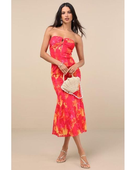 Lulus Red Islay Floral Abstract Mesh Strapless Midi Dress
