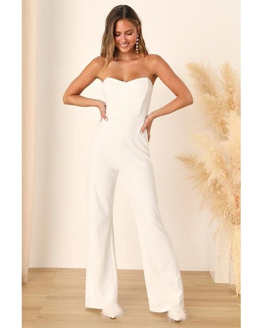 Lulus Natural Fashionista Nights Strapless Bustier Wide-Leg Jumpsuit