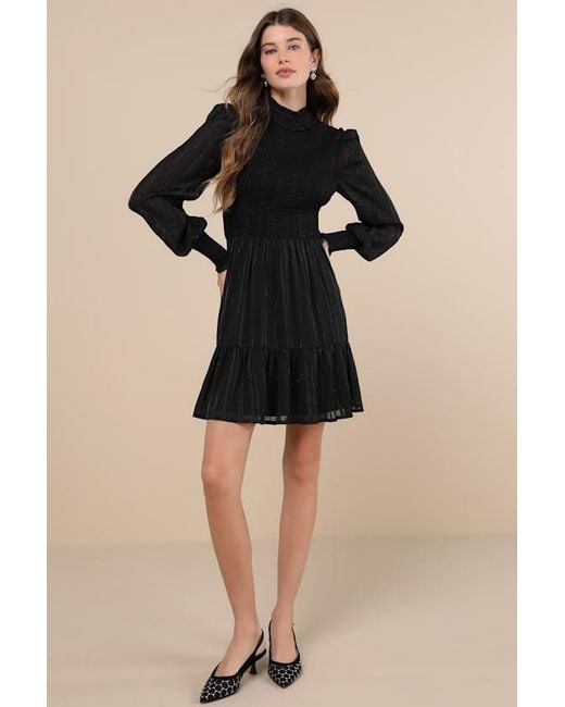 Lulus Black Heartful Romance Striped Smocked Long Sleeve Mini Dress