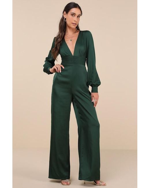 Lulus Green Unbelievable Chicness Satin Long Sleeve Wide-Leg Jumpsuit