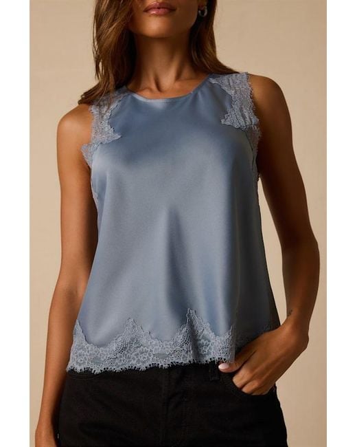 Lulus Blue Jaynae Lace Trim Satin Tank Top