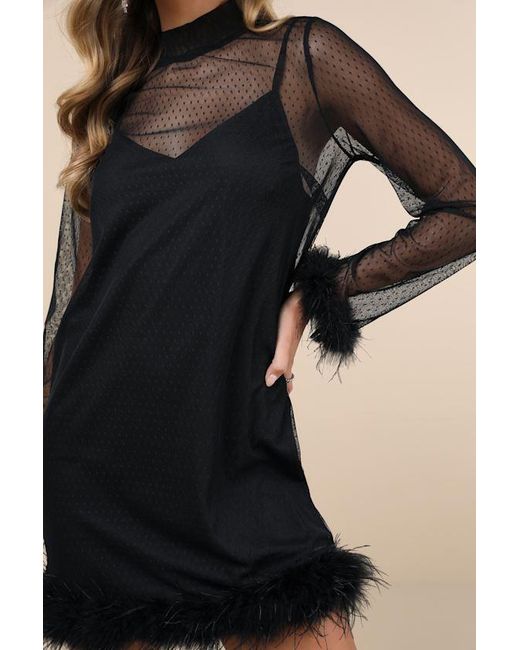 Lulus Black Immaculate Charisma Mesh Feather Long Sleeve Mini Dress