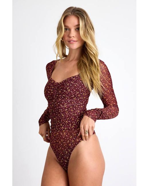 Lulus Red Adoring Desire Floral Print Mesh Ruched Bodysuit
