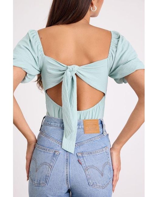 Lulus White Abundance Of Love Mint Textured Puff Sleeve Tie-Back Bodysuit