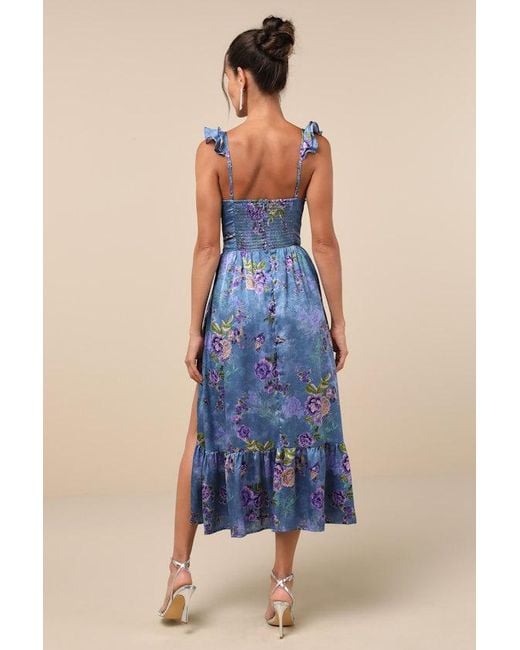 Lulus Blue Sweet Like Sangria Floral Ruffled Bustier Midi Dress