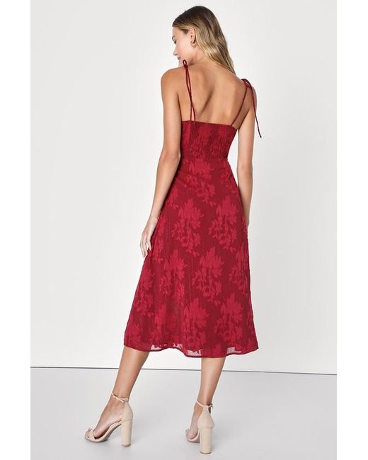 Lulus Red Loveliest Looks Floral Jacquard Tie-Strap Midi Dress