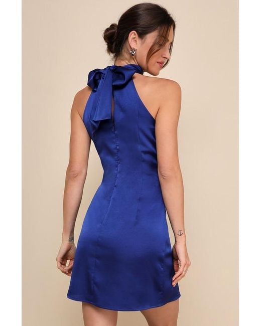 Lulus Blue Infinite Admiration Satin Halter Mini Dress
