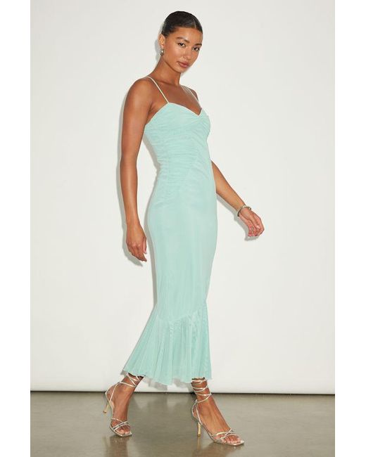 Lulus Blue Giorgina Sage Mesh Gathered Trumpet Midi Dress