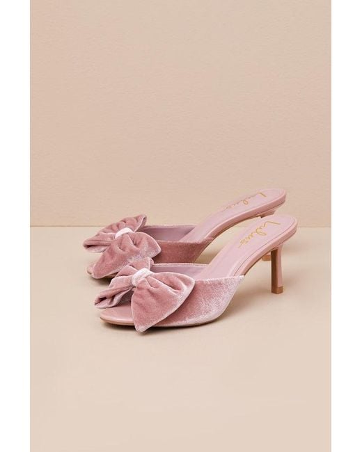 Lulus Pink Kendyl Blush Velvet Bow High Heel Slide Sandals
