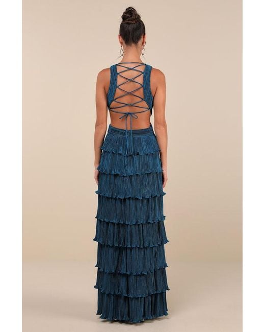 Lulus Blue Beauty Icon Dark Satin Pleated Tiered Lace-Up Maxi Dress