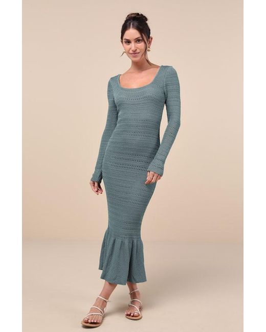 Lulus Blue Sunset Moments Sage Crochet Long Sleeve Trumpet Midi Dress