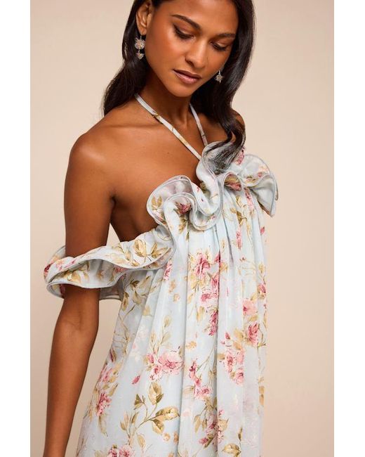 Lulus Natural Amia Floral Ruffled Shift Maxi Dress