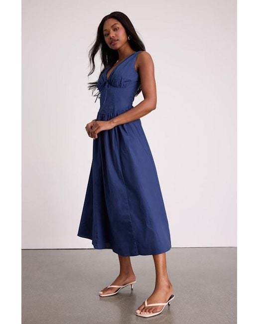 Lulus Blue Lettie Poplin Plunge Neck Midi Dress