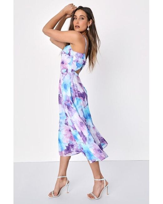 Lulus Blue Radiant Feelings And Floral Chiffon Midi Dress