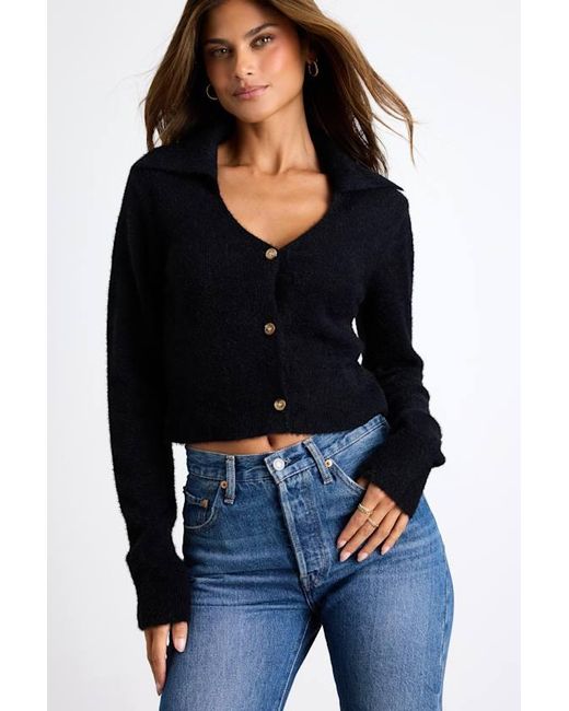 Lulus Black Poehler Eyelash Knit Collared Cropped Cardigan