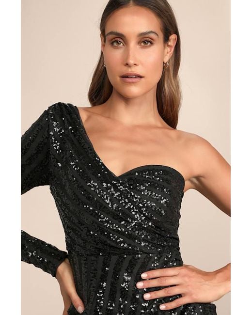 Lulus Black Elegant Occasion Sequin One-Shoulder Midi Dress