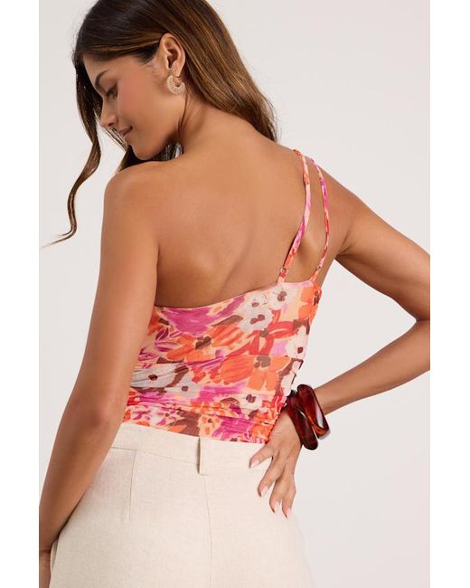 Lulus Red Anahera Floral Mesh Cutout One-Shoulder Bodysuit
