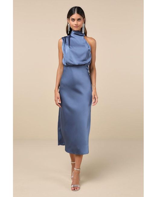 Lulus Blue Distinctive Charm Slate Satin Asymmetrical Midi Dress