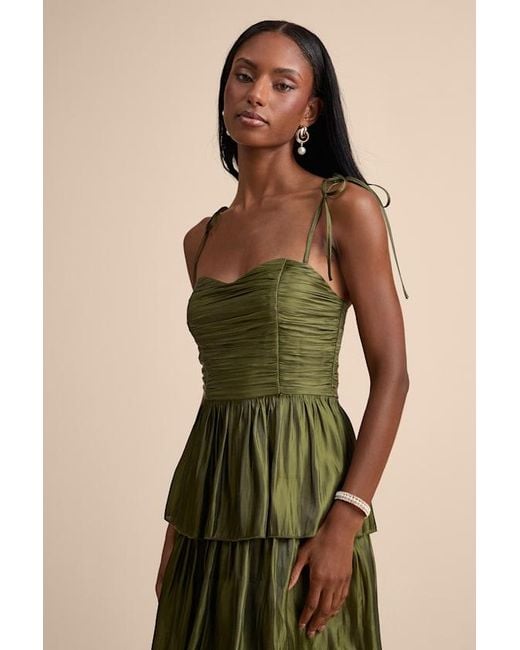 Lulus Green Tennon Plisse Tiered Midi Dress