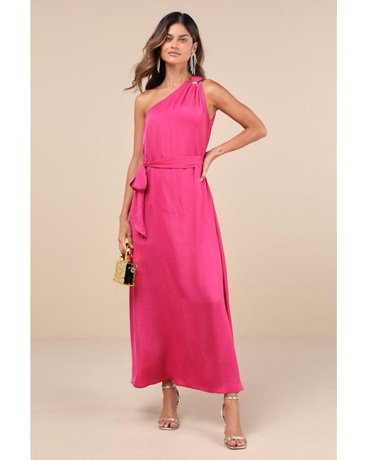 Lulus Pink Goddess Aura Satin One-Shoulder Maxi Dress