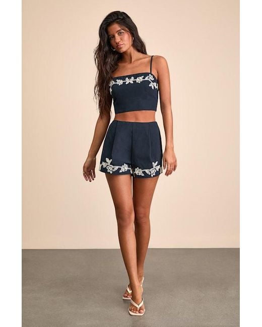 Lulus Blue Sarella Cotton High-Rise Embroidered Shorts