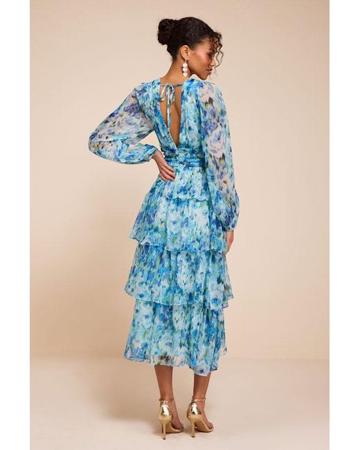 Lulus Blue Macy Multi Floral Tiered Midi Dress