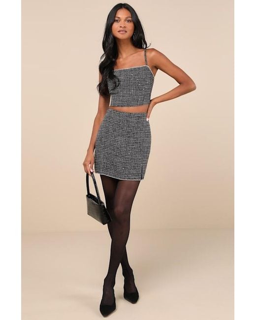 Lulus Blue Charismatically Cute Tweed Rhinestone Sleeveless Crop Top