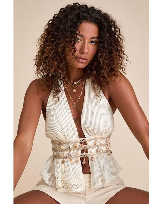 Lulus Natural Dione Cream Crochet Halter Seashell Charm Tank Top