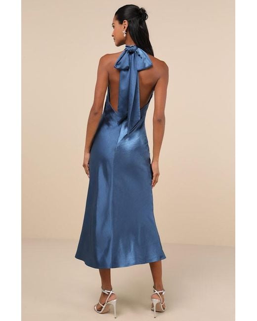 Lulus Blue Exceptional Status Halter Backless Slip Midi Dress