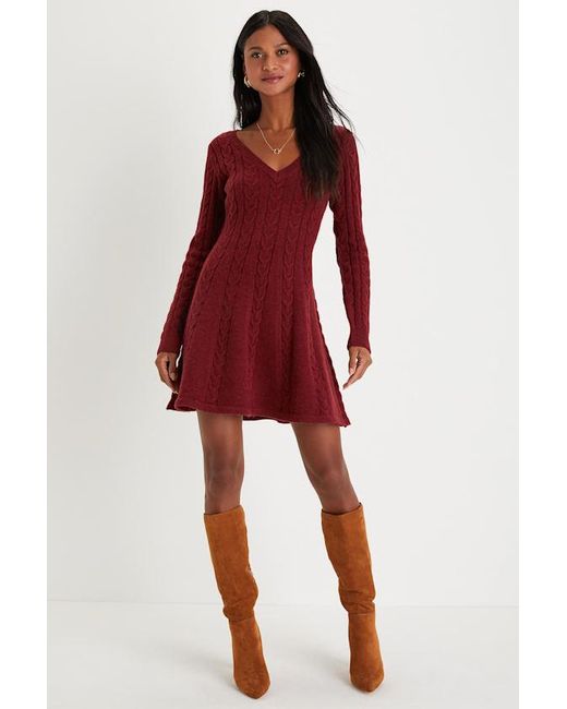 Lulus Red Sweetly Seasonal Cable Knit Sweater Mini Dress