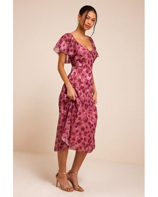 Lulus Pink Camillo Floral Jacquard Flutter Sleeve Midi Dress