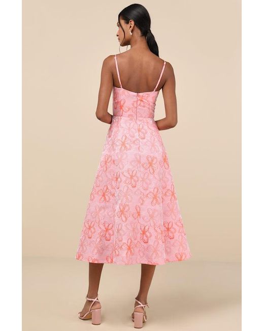 Lulus Pink Meet For Tea Jacquard Bustier Midi Dress With Pockets