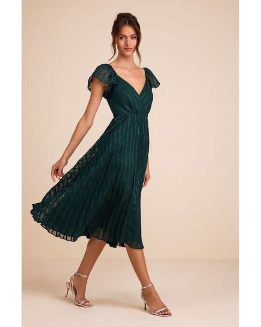 Lulus Blue Standout Sophistication Emerald Lurex Flutter Sleeve Midi Dress