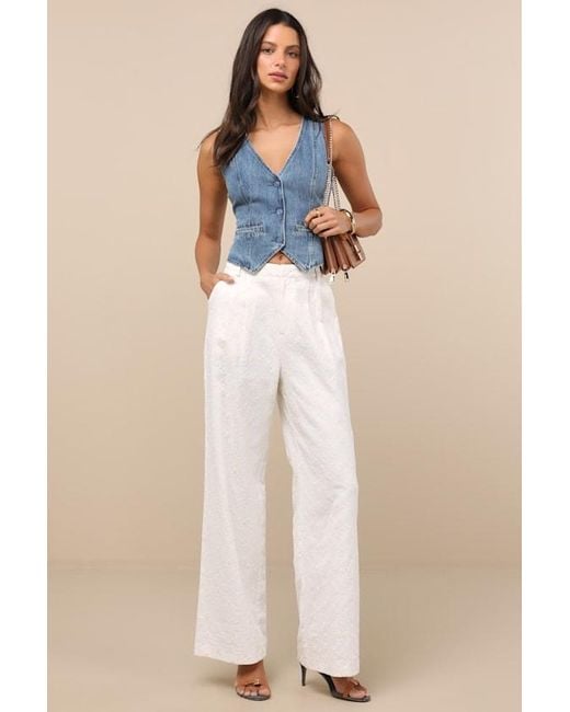Lulus Natural Andrey Cream Floral Embroidered Straight-Leg Trouser Pants