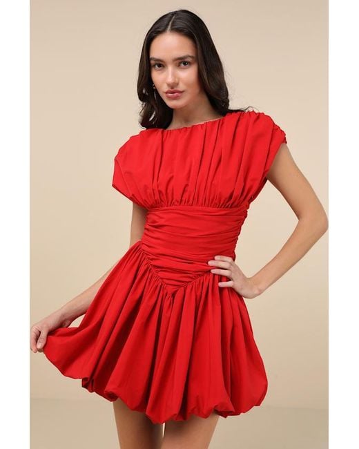 Extro & Vert Red Orla Ruched Cap Sleeve Bubble-Hem Mini Dress