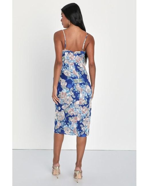 Lulus Blue Effortless Attraction Floral Bustier Faux Wrap Midi Dress