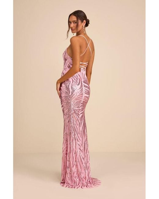 Lulus Pink Sparkle 'Til Dawn Sequin Lace-Up Mermaid Maxi Dress