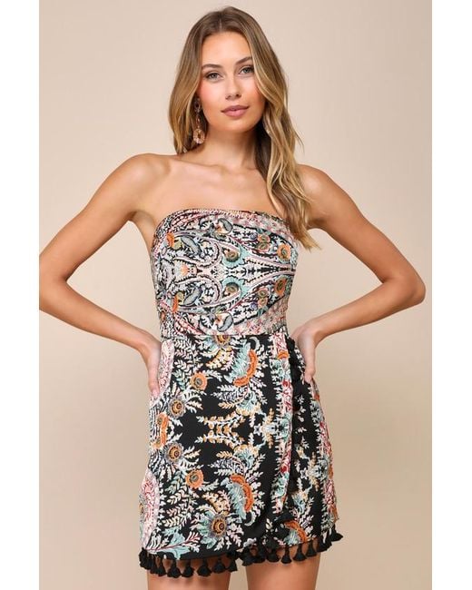 Lulus Natural Bohemian Perfection Boho Floral Strapless Tasseled Romper